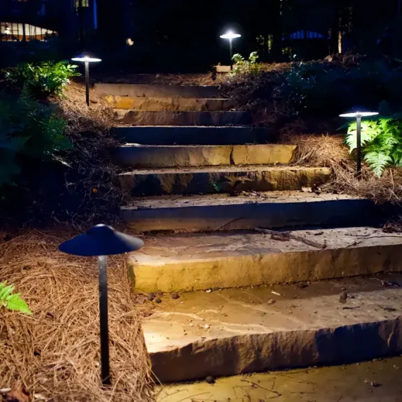 Crab orchard Flagstone steps with low-voltage lighting by Quiett Scapes